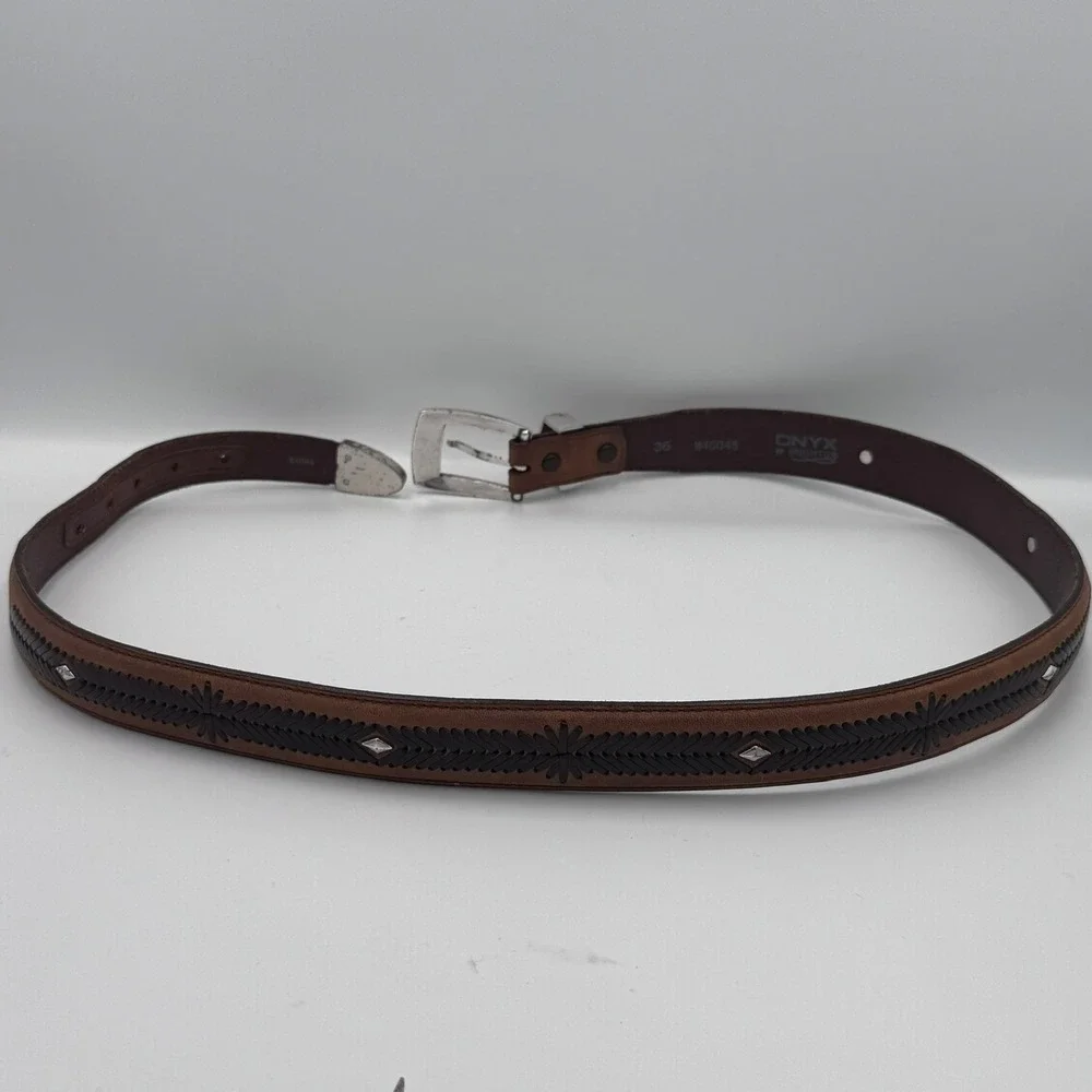 Brighton‎ Western Brown Leather Belt Engraved Buckle Metal Tip Cowboy Style
